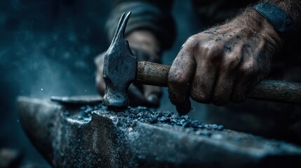 Blacksmith working on an anvil in a dimly lit forge creating handmade tools with a hammer during a quiet afternoon