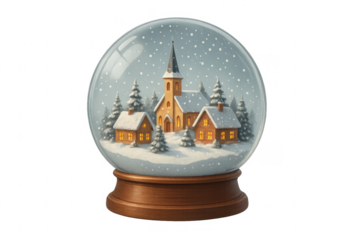 Christmas snow globe showing church and houses on transparent background