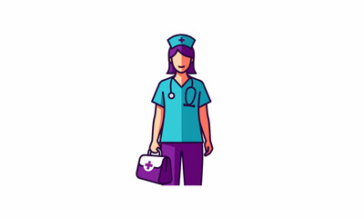 Cartoon Nurse Standing with Medical Bag, Wearing Uniform and Stethoscope.