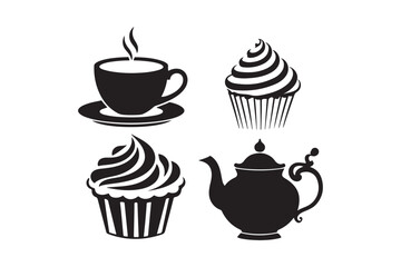 Black silhouette icons of coffee cup cupcakes and teapot
