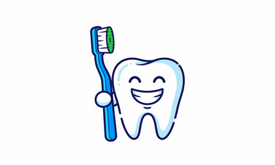 Cheerful Cartoon Tooth Holding a Blue Toothbrush with Green Bristles.