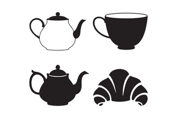 Simple black and white icons of teapots cups and croissant