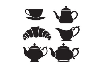 Black silhouette icons of tea and coffee service items and pastry