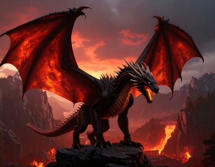 Fiery dragon perched on volcanic rock