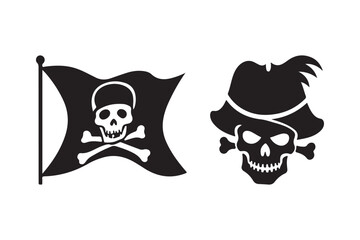 Pirate flag and skull with crossed bones and hat