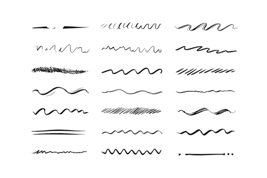 A clean set of 20 handdrawn digital underlines on a plain white background Each underline should appear as if it was drawn on a tablet using a stylus with smo