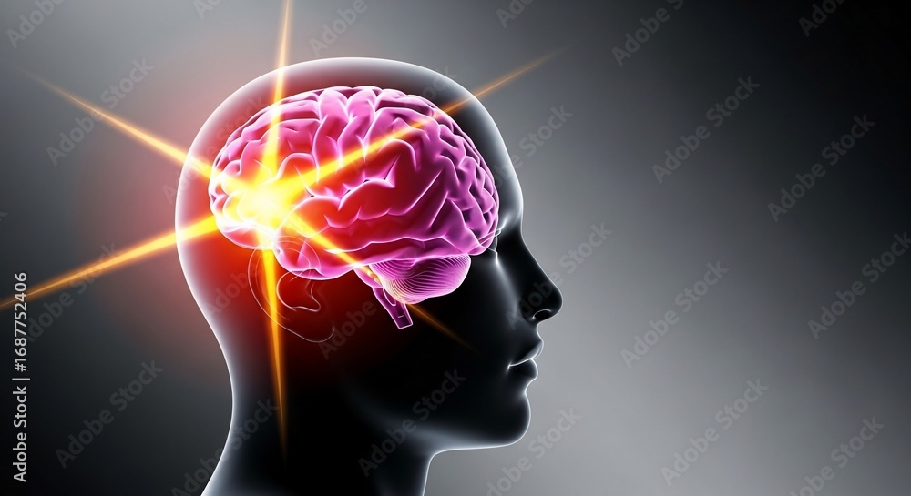 Poster radiant brain powering innovative ideas and problem solving with glowing energy and neurological act