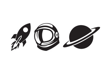 Simple black icons of a rocket astronaut helmet and ringed planet