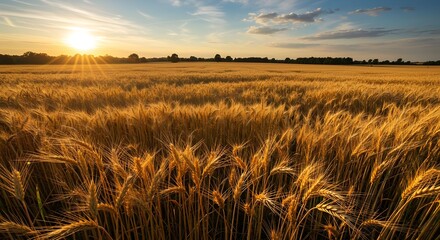 Obraz premium Golden wheat field swaying gently in the wind under warm sunlight, nature’s serenity.