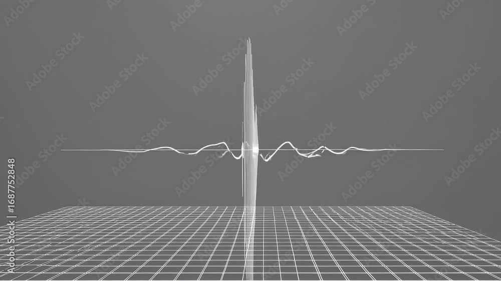 Poster dynamic video concept with a 3d grid and soundwave pattern. side angle view emphasizes the modern, t