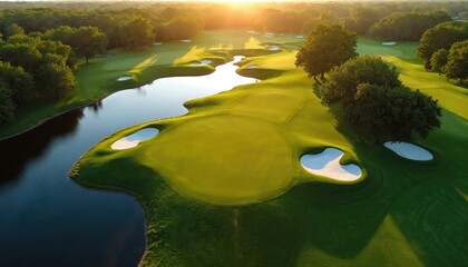 Aerial view of immaculate green golf course with fairways, manicured putting greens, water hazards. Sand traps dot landscape. Sunlight casts long shadows across pristine course, natural beauty.