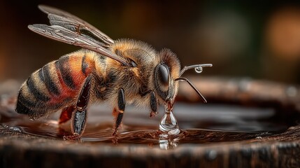 Close up of bee drinking water from wooden surface in natural environment during sunny day