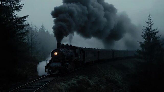 Old steam locomotive moving through dark night landscape with glowing smoke and dramatic light
