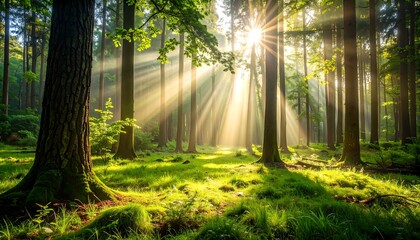 Sunlit Forest Morning with Golden Light Rays.