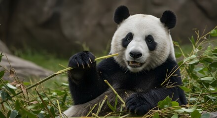 Fototapeta premium Panda eating bamboo in natural reserve, wildlife scene, peaceful habitat and conservation concept.