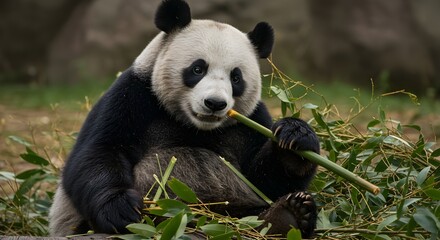 Panda eating bamboo in natural reserve, wildlife scene, peaceful habitat and conservation concept.