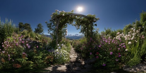 Blossoming garden pathway mountain view nature photography bright sunshine serene atmosphere