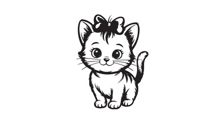 Obraz premium Adorable Kitten with Bow - Cute Cat Illustration - Black and White Pet Clipart
