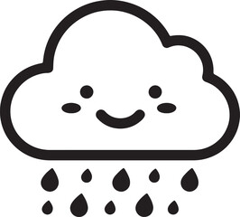 Cute happy cloud raining water drops simple line drawing.
