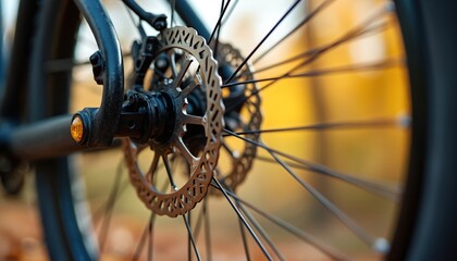 Close-up of mountain bike rear wheel showing disc brake rotor, cassette gears, spokes. Bicycle maintenance, repair detail. Cycling activity equipment. Outdoor autumn scene with blurred yellow