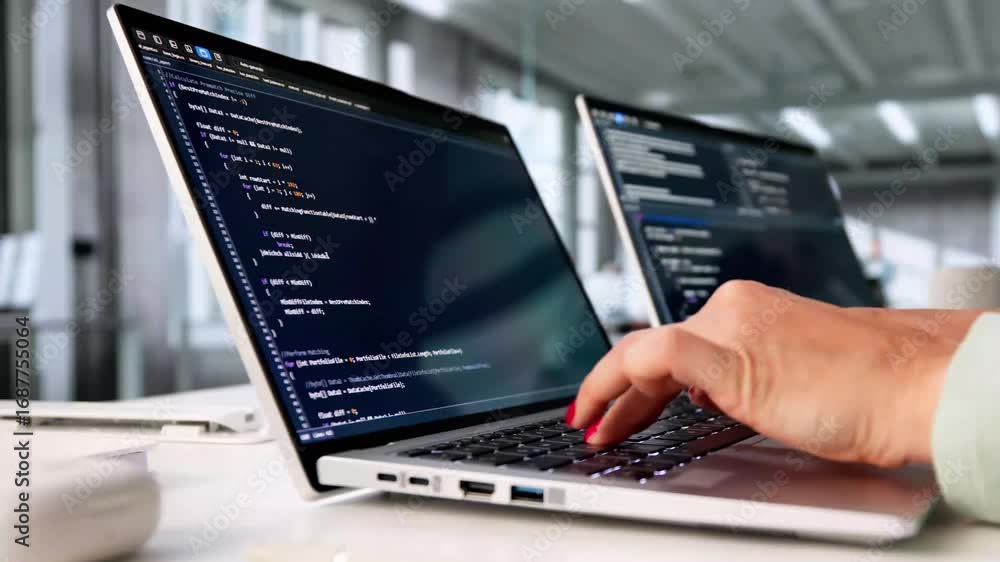 Poster female programmer writing software code