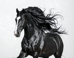 Powerful black horse with flowing mane against a plain background