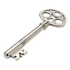 A vintage silver key with a decorative handle and a unique design. The key is positioned on a black background, highlighting its intricate details.