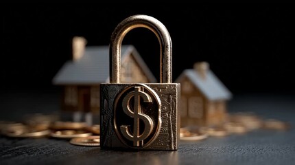A golden dollar sign padlock in front of coins and miniature houses on a dark background