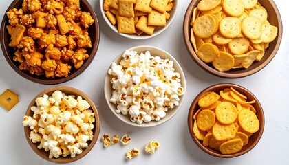 Assorted snack bowls on a white surface