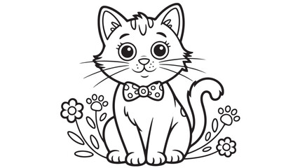 Obraz premium Adorable Cartoon Kitten Coloring Page Cute Cat with Flowers and Bow Tie