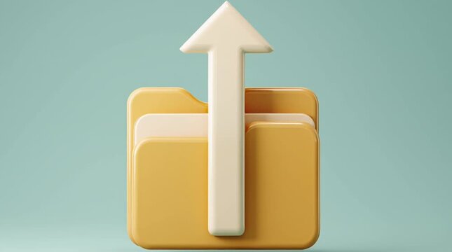 A 3d rendering of a yellow folder with a white arrow pointing upwards on a light blue background