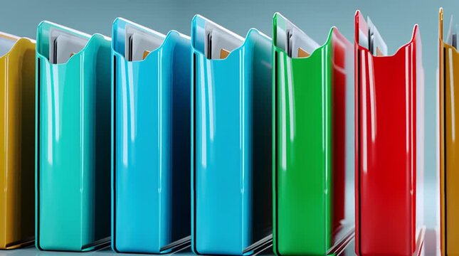 Close up of a row of colorful file folders standing upright on a reflective surface against a light background