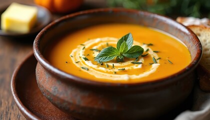 Delicious butternut squash soup served in rustic stoneware bowl. Creamy orange soup swirled with cream, garnished with fresh mint, herbs. Accompanied by crusty bread, butter, perfect autumn comfort