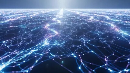 Futuristic glowing digital network mesh across horizon representing data connectivity. - Powered by Adobe