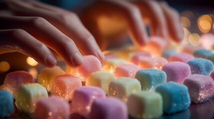 Hands delicately placing pastel-colored sugar cubes with sparkle in an inviting atmosphere. Warm lights create a cozy ambiance. Concept of confectionery, event planning, dessert artistry