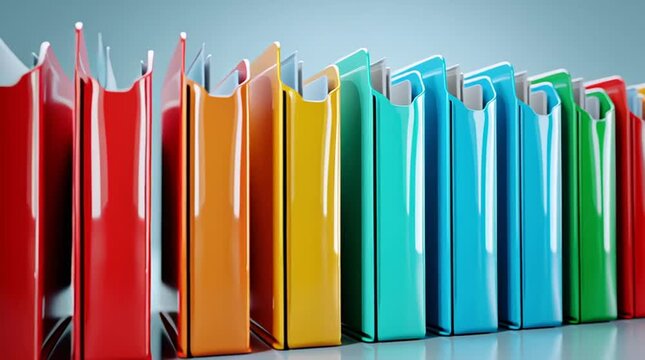 A row of colorful file folders in a spectrum of shades on a reflective surface against a plain background