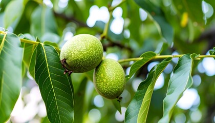 Close-up of two unripe, green, round fruits on a leafy branch. Focus is on the fruits with blurred background foliage. Sunlight creates dappled patterns on surfaces. The leaves are long and pointed