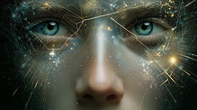Close up of a face with blue eyes and geometric patterns overlaid with a cosmic galaxy effect