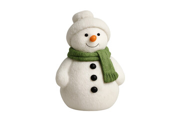 Smiling snowman wearing green scarf and white hat on transparent background