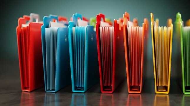 A vibrant array of colorful file folders neatly aligned on a reflective surface for organization