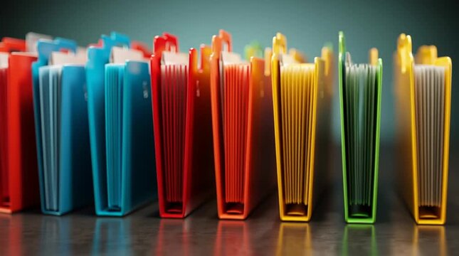 Colorful folders arranged in a row on a reflective surface against a dark teal background
