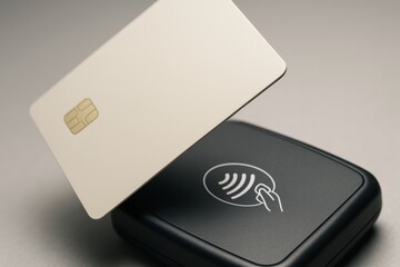 Contactless white smart card near payment terminal, minimalistic photography style, soft gray background, concept of modern digital payment
