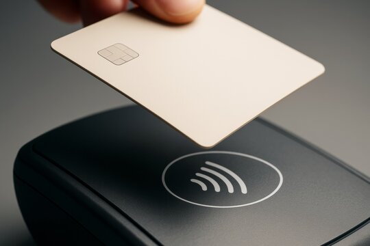 Close-up of hand holding beige credit card over modern contactless payment terminal, realistic photo style, on neutral gray background, concept of cashless transaction