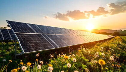 Solar panels in a field at sunset.  Fields of wildflowers surround the panels