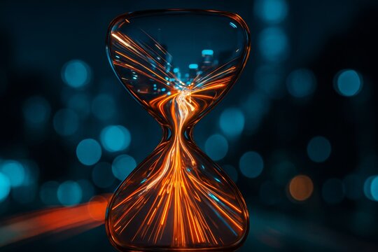 Transparent hourglass filled with dynamic orange light trails, glowing brightly against a dark background with blue bokeh, symbolizing time flow - Powered by Adobe