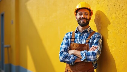 Confident male construction worker with beard, wearing yellow hard hat, blue checkered shirt, brown overalls. Stands with arms crossed against bright yellow wall, casting shadow. Professional builder