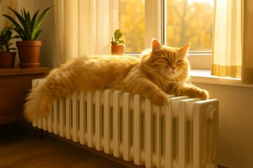 Fototapeta na wymiar advertising image on the topic of a cat lounging on a radiator for posts and banners on the topic of autumn melancholy, home comfort, pets and their habits