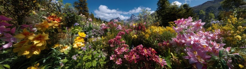 Obraz premium Vibrant flower bloom in a scenic mountain valley nature photography sunny day panoramic view
