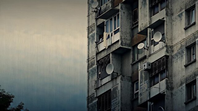 Soviet-style apartment block under dramatic cloudy sky. Urban density and nostalgic architecture. Copy space for text