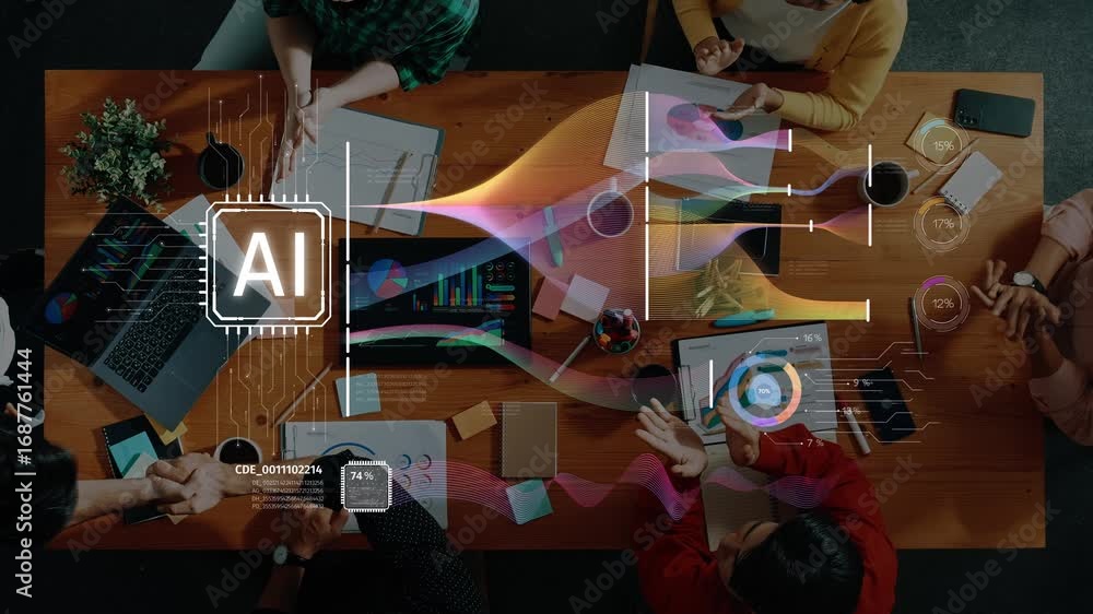 Poster diverse team brainstorming and collaborating in modern workspace. digital graphics representing arti